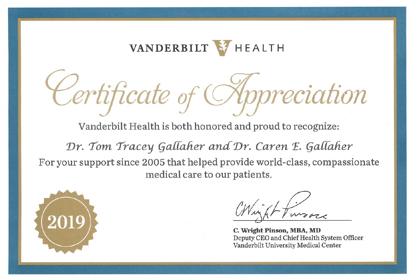 Certificate of Appreciation from Vanderbuilt